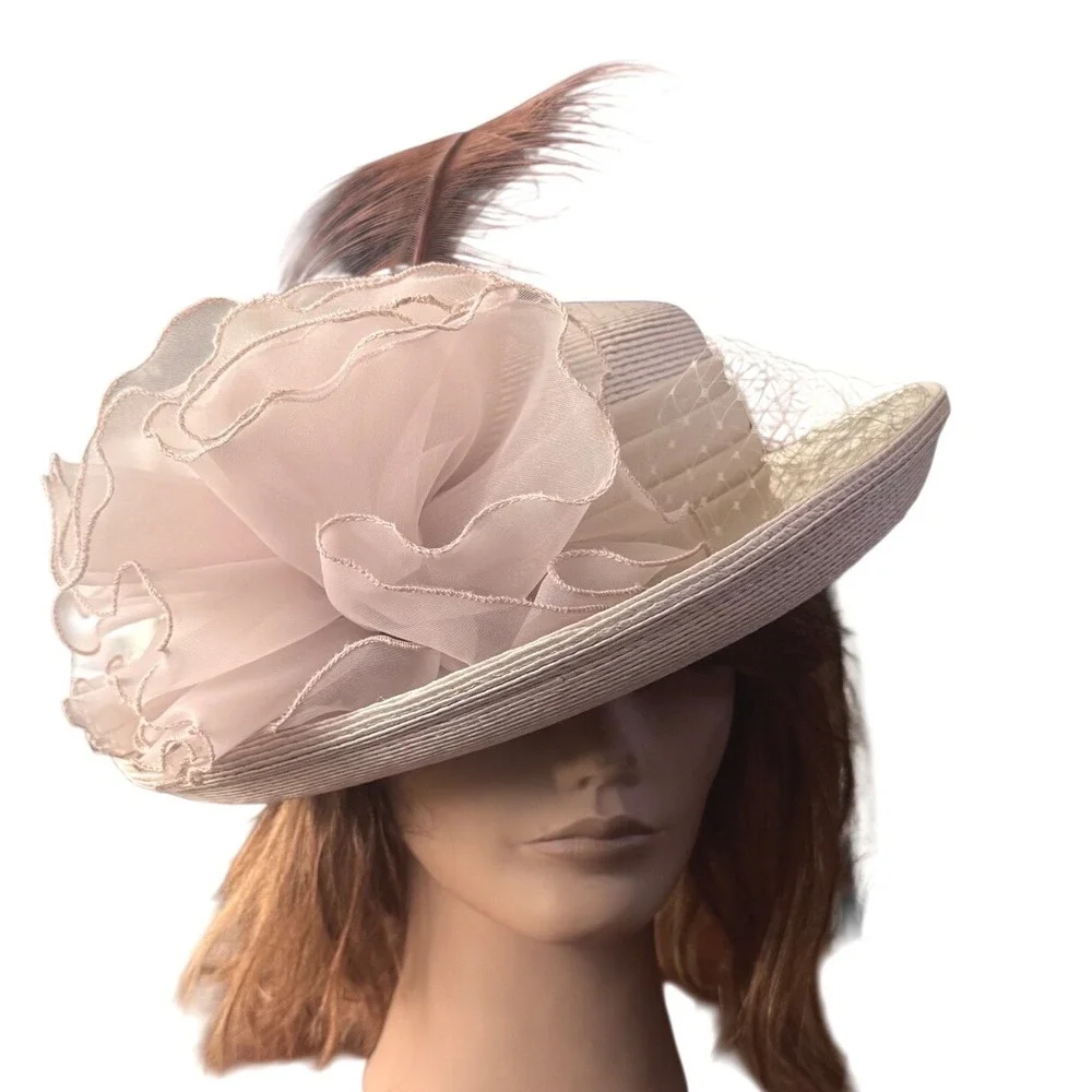 Joan Sylvia St Louis Vintage Cream  Dress Hat Organza Feather Derby‎ Jody  G EUC